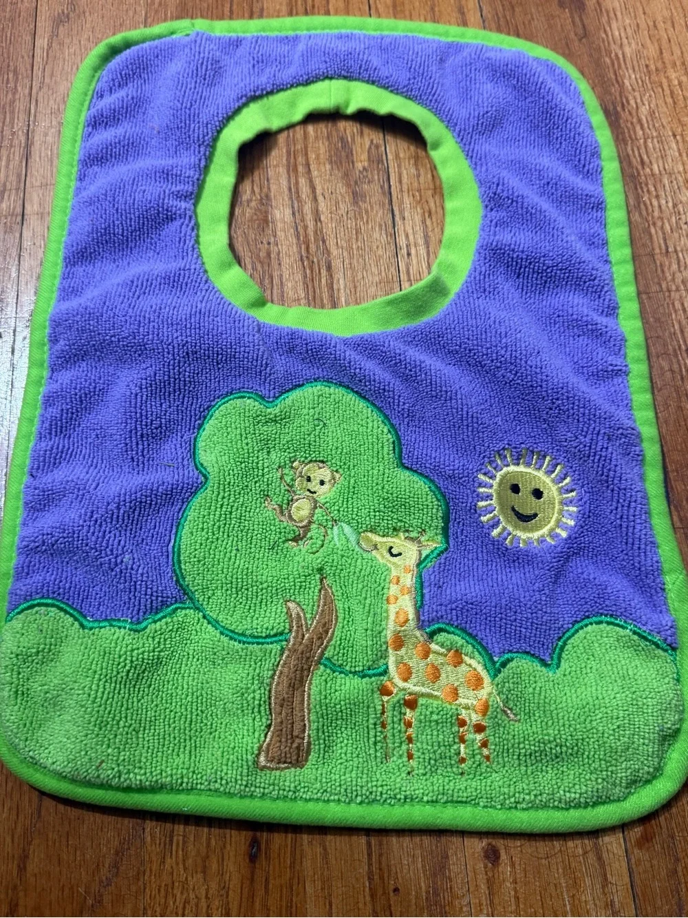 Norwex Kids Bib Jungle Safari Giraffe Monkey Purple Green Absorbent Bib